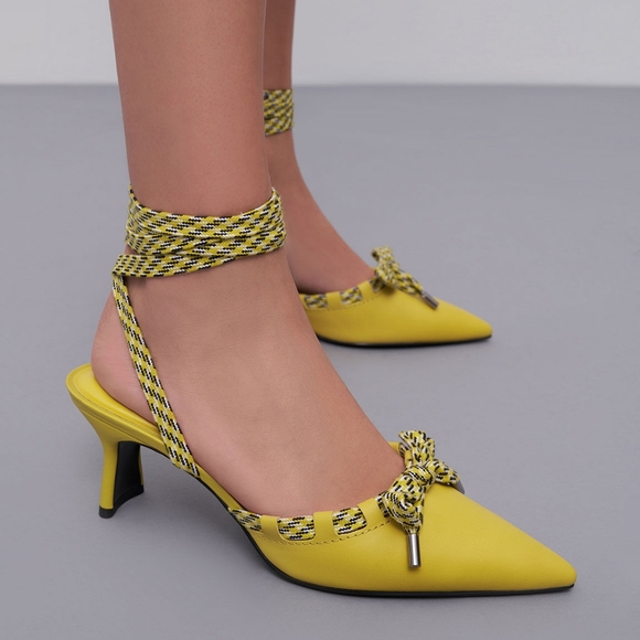 Charles & Keith Wrap Strap Yellow Kitten Heels - Picture 2 of 4